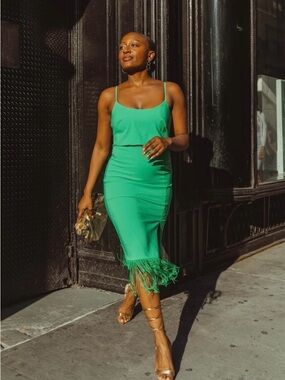 Adrianna Papell Green Midi Dress with Fringe Hem